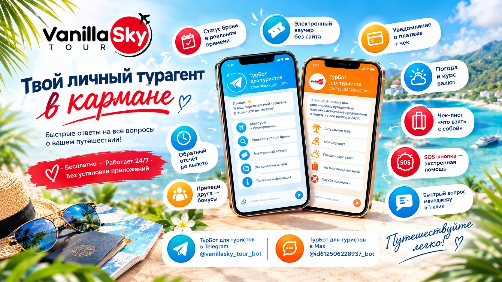 ТурБот Vanilla Sky Tour в Telegram и MAX — статус брони, ваучер, уведомления об оплате и помощь 24/7